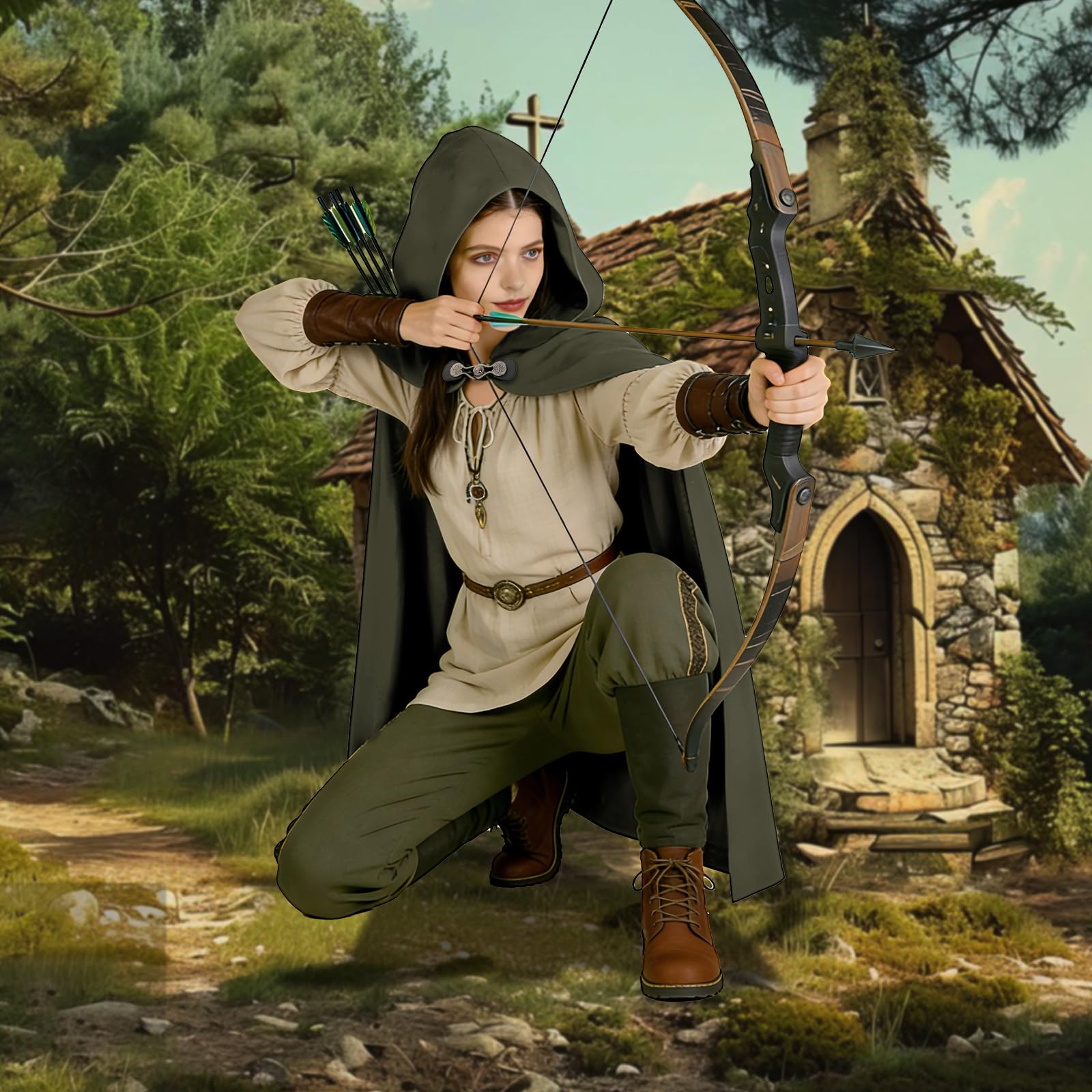 Renaissance Cappotto con cappuccio, mantello medievale, da strega da uomo, abbigliamento medievale, unisex, per Halloween, carnevale, cosplay (verde)