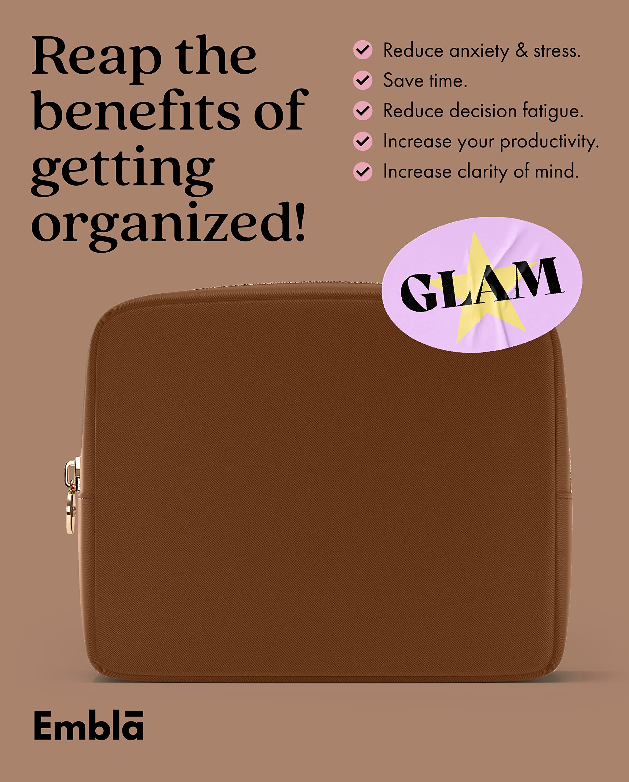 Embla - Bolsa de maquillaje grande y neceser de viaje de nailon impermeable, estuche de cosméticos de gran capacidad con cremallera, marrón oscuro