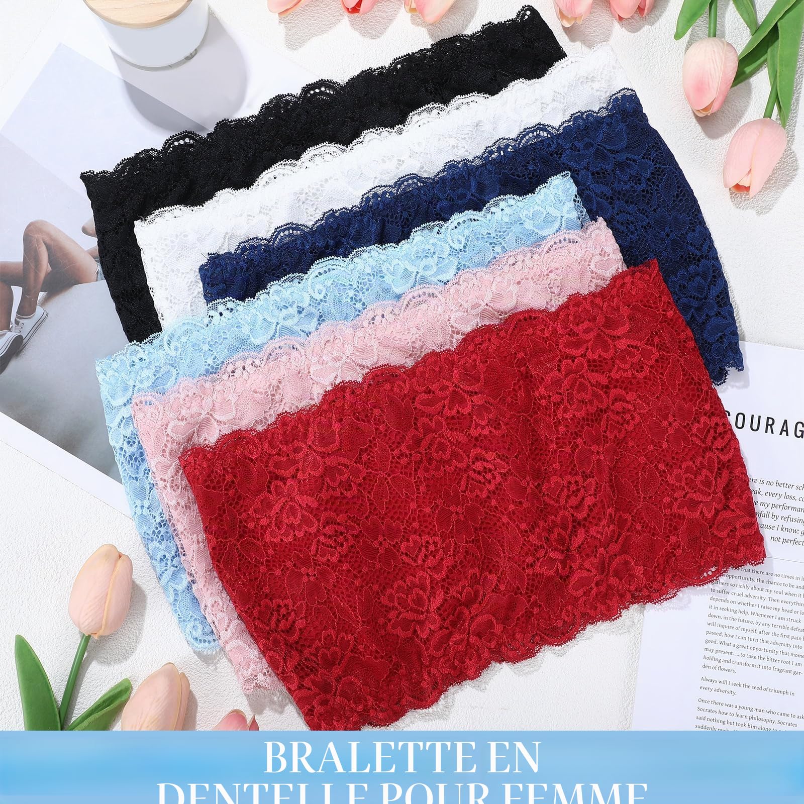 Geyoga 6 Soutiens-Gorge Bandeau Bralette en Dentelle Florale sans Bretelles Bandeau Tube sans Couture Extensible Femme