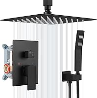 Aolemi 12-Inch Matte Black Ceiling Mount Rain Shower System with Handheld Spray, High-Pressure Faucet Set & Rough-In Valve