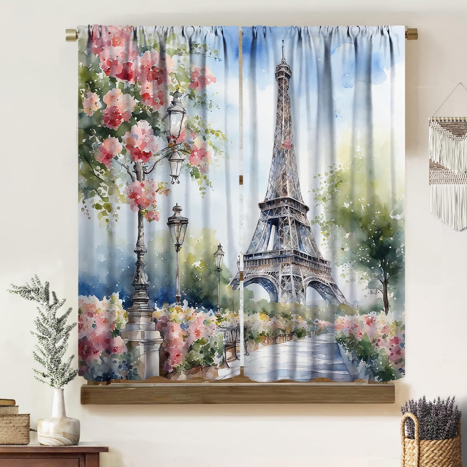 Paris Scenery Curtains, Fashion Art Abstract Watercolor Spring Vibrant Colorful Floral Eiffel Tower View Window Treatments, Blackout Rod Pocket Drapes For Livingroom Bedroom Bathroom Kitchen 42x45in