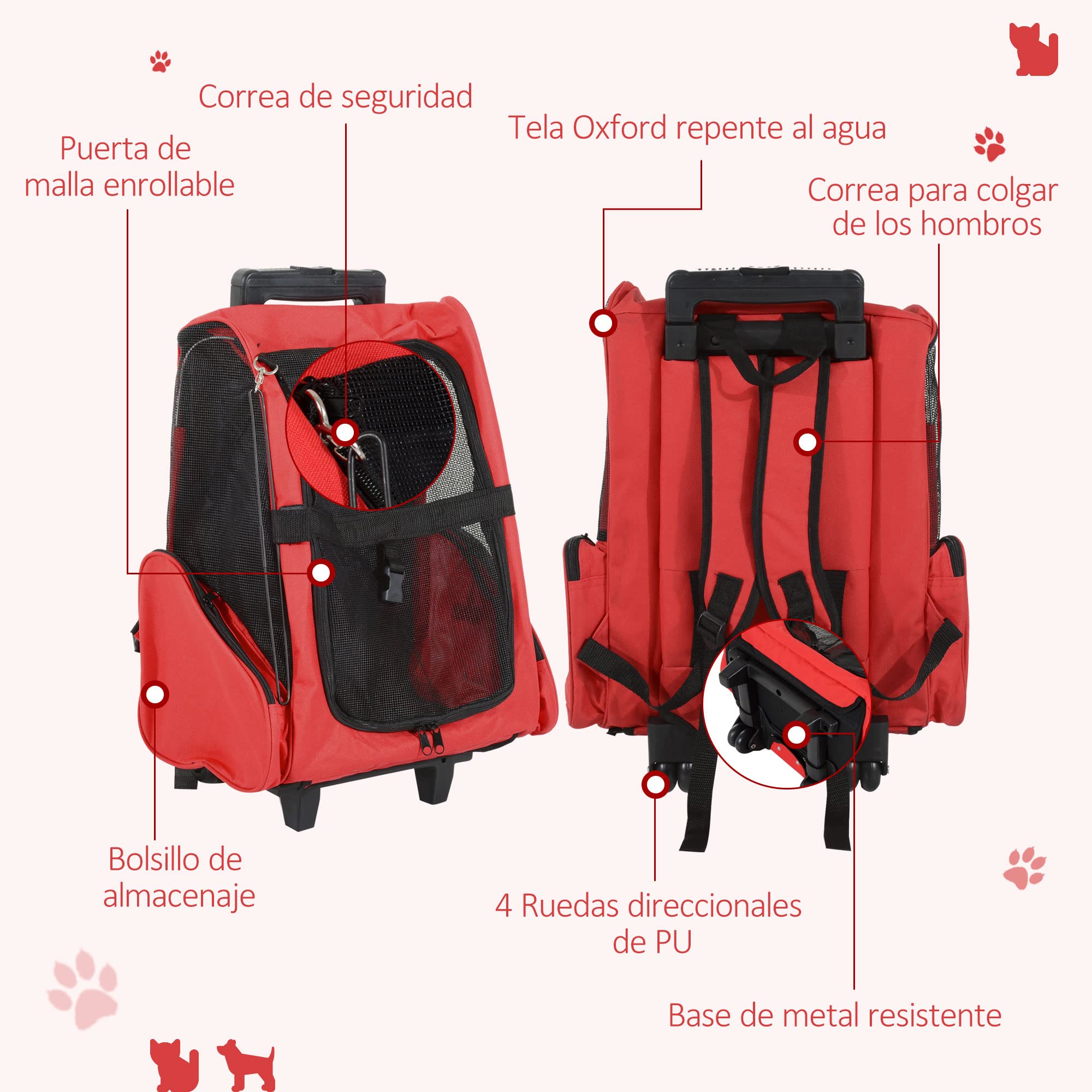 PawHut Transportín 2 en 1 para Mascotas Mochila o Carrito de Viaje para Perro y Gato con 2 Ruedas con Asa retráctil de Aluminio y Bolsillos 42x25x55 cm Rojo