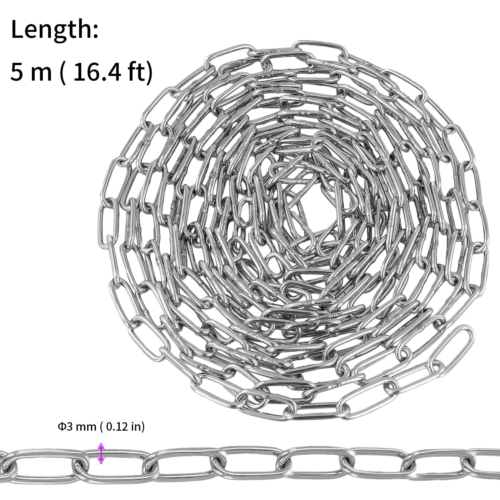 2 Stück 3mm Edelstahlkette 5m lang, Stahlkette Meterware Metallkette, Geschweißte Kettenglieder Gliederkette Edelstahl Ketten für DIY Hängekette, Wäscheleine, Aufhängen - 80kg Belastung