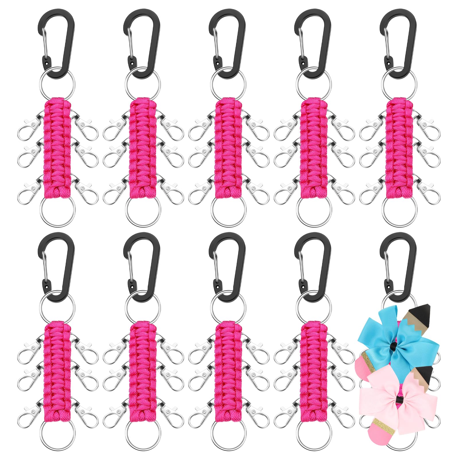 Berlune 10 Pcs Cheer Bow Holder for Backpack Paracord Keychain Cheer Bow Keychain for High School Cheerleading Teen Girls (Rose Red)