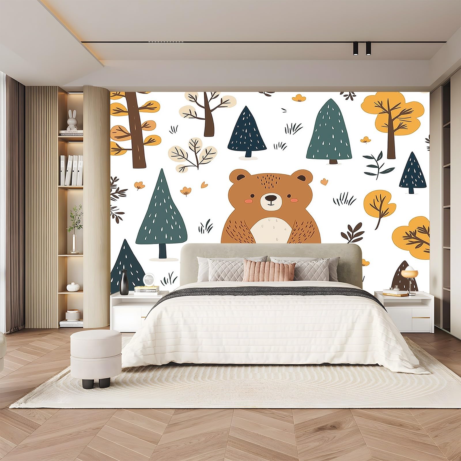 Panoramiczna tapeta kreskówka las niedźwiedź brązowy zielony 200 x 140 cm (szer. x wys.), nowoczesna tapeta z włókniny do sypialni salonu biura spersonalizowana dekoracja ścienna restauracja pokój