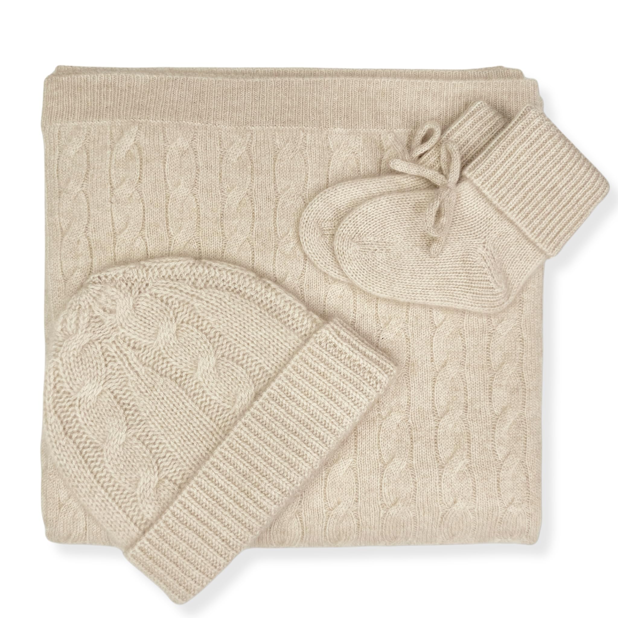 Jet&Bo BABY 100% Cashmere Baby Blanket, Beanie and Booties Gift Set Cable Knit Design in Brown Sugar – Unisex, Size 0-6 Months - Gift Box and Card Included