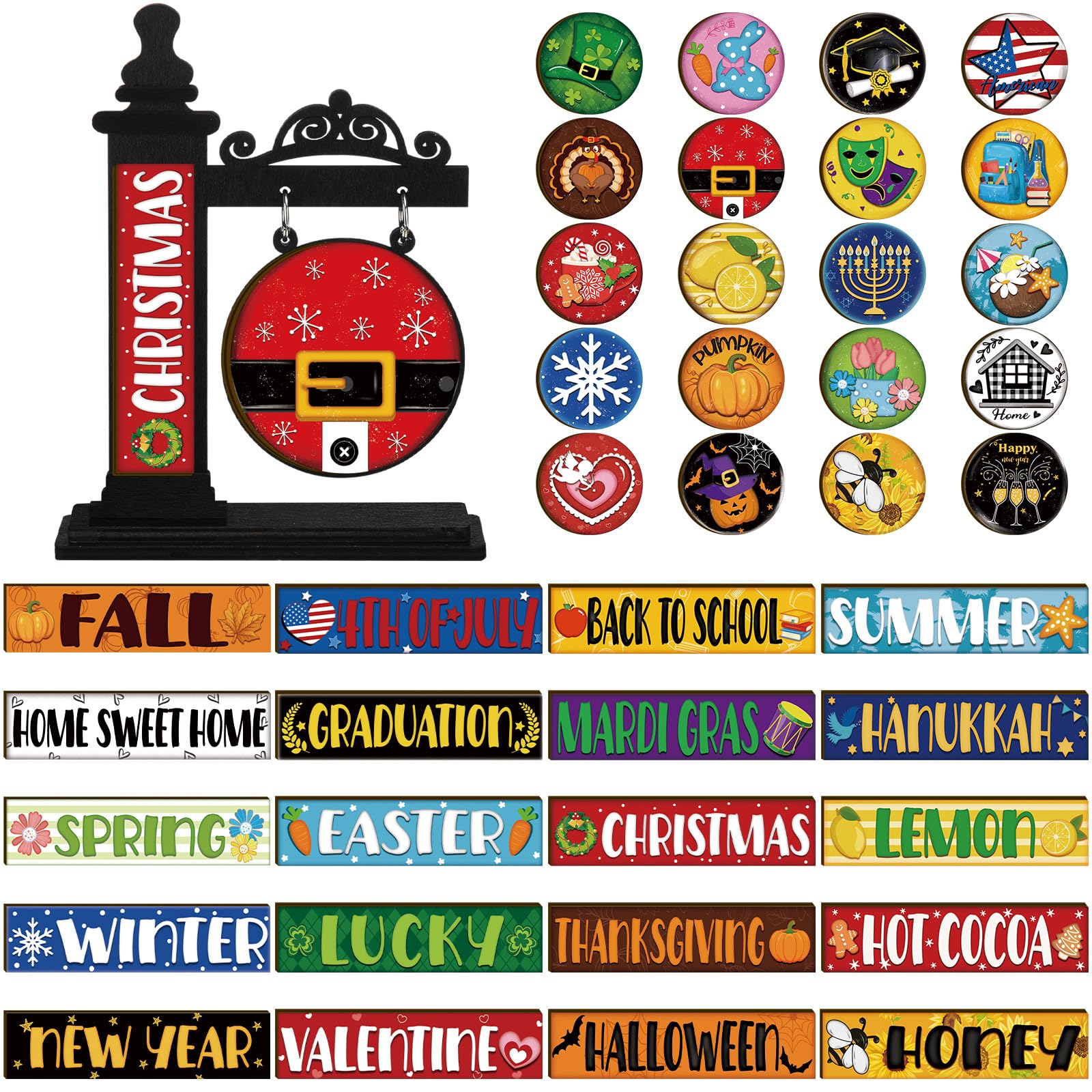 41 Pcs Interchangeable Seasonal Decor Mini Standing Sign Farmhouse Convertible Seasonal Wood Welcome Sign for Halloween Thanksgiving Christmas Holiday Table Decor(Black)