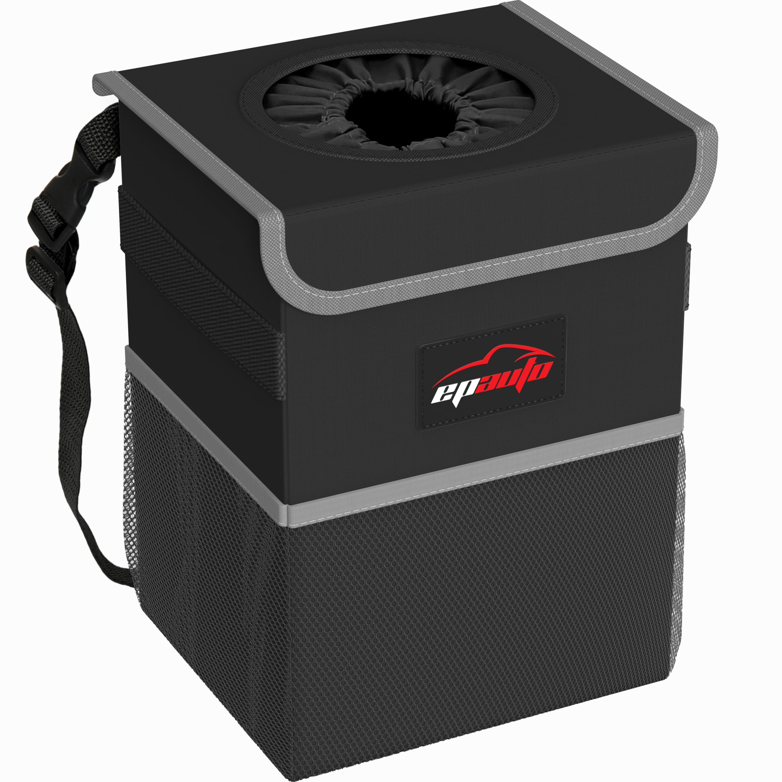 EPAUTO Waterproof Car Trash Can with Lid and Storage Pockets, Black
