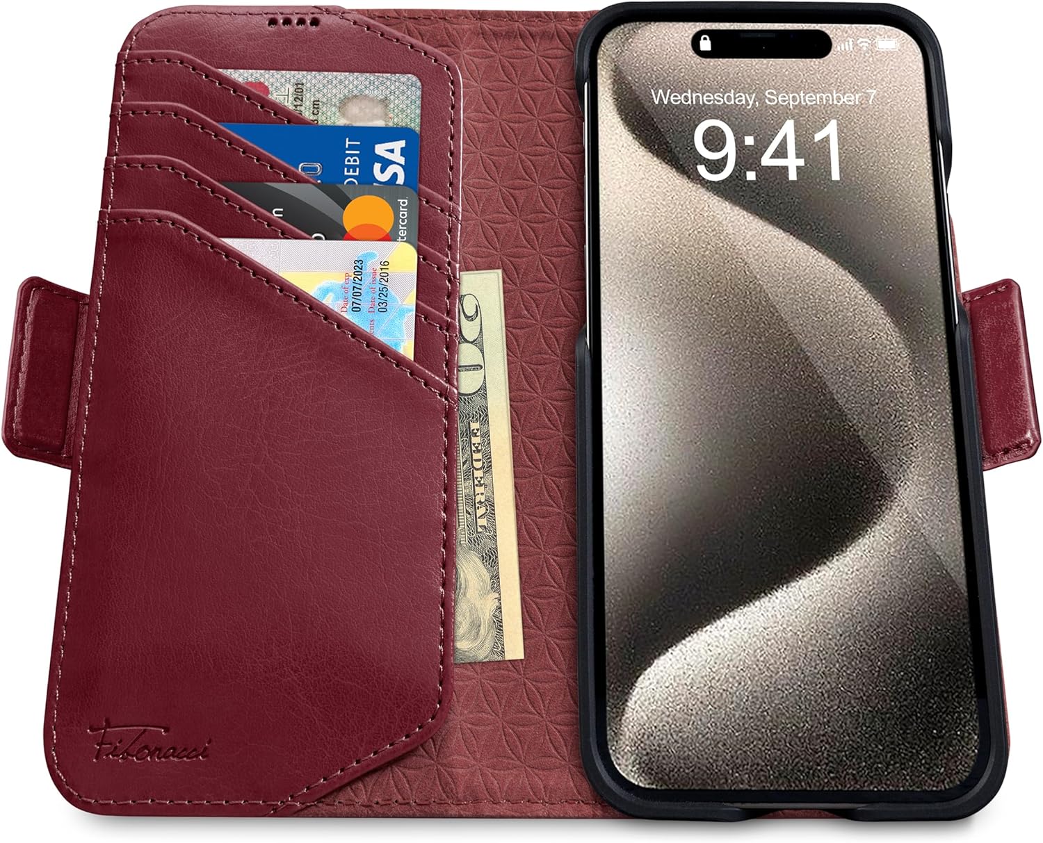 Dreem for iPhone 15 Pro Case Wallet, Revolutionary Phone Stand, Vegan Leather, MagSafe-Fit, Magnetic Detachable Flip Cover, RFID Blocking Card Holder, Gift-Box [Fibonacci:Burgundy]