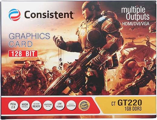 Consistent 220 Graphics Card 1GB DDR3 128-bit, PCI Express X16 2.0 128-Bit, 1GB DDR3 Quiet Operation with 2 Stands with 3 Year Warranty