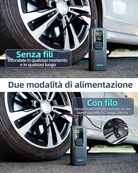 Compressore Aria Portatile, Mini Compressore Portatile 150PSI, Gonfiatore Elettrico a Batteria 6000mAh e 12V DC, Accessori per Auto, Moto, Bici, Pompa Elettrica con Luce LED e Arresto Automatico - 4