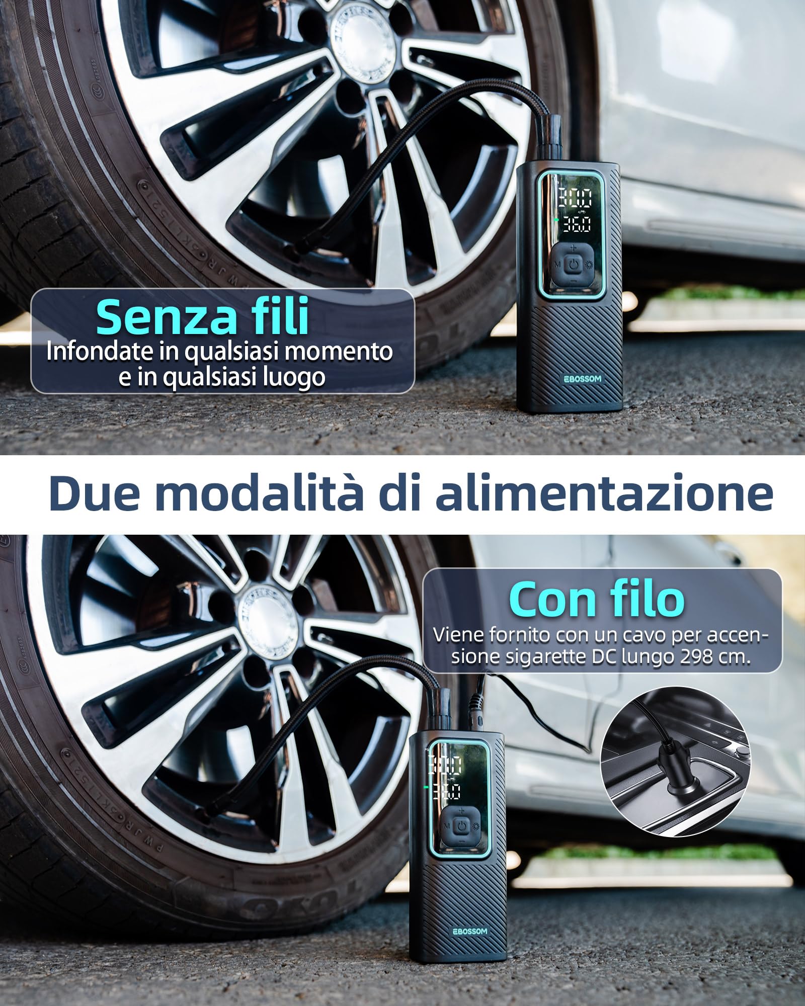 Compressore Aria Portatile, Mini Compressore Portatile 150PSI, Gonfiatore Elettrico a Batteria 6000mAh e 12V DC, Accessori per Auto, Moto, Bici, Pompa Elettrica con Luce LED e Arresto Automatico