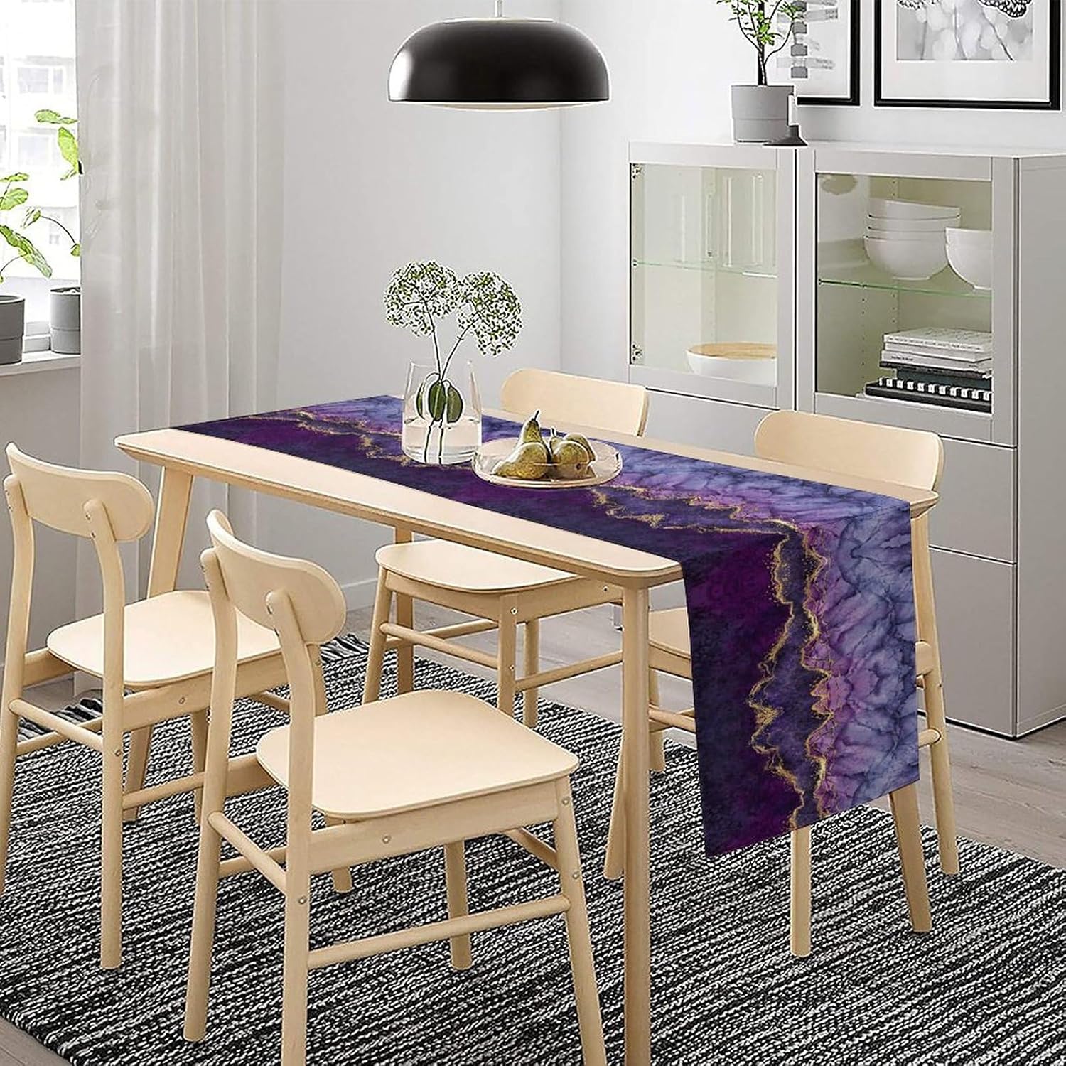 Purple and Golden Table Runner, Abstract Modern Marble Pattern Printed Golden Stripe Linen Coffee Table Center Decor for Home Kitchen Dining Patio Holiday Party Table Decorations 13x108 inches