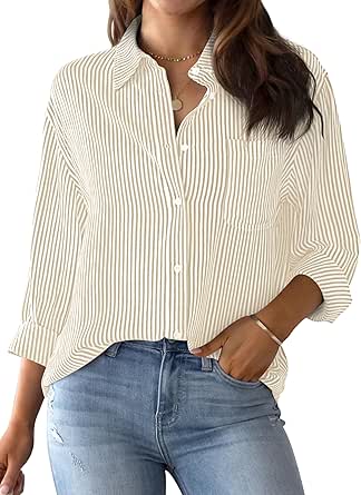 Women's Striped Button-Down Shirt with Pocket, Long Sleeve Collared Blouse for Office and Casual Wear