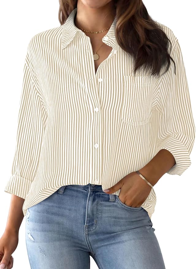 Women's Cotton Striped Button-Down Shirt - Long Sleeve Office Blouse, Pinstripe Work Top