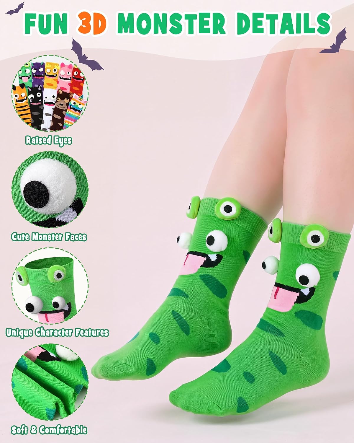Jinei 10 Pair Crazy Silly Socks Funny 3D Eye Monster Crew Socks for Teens