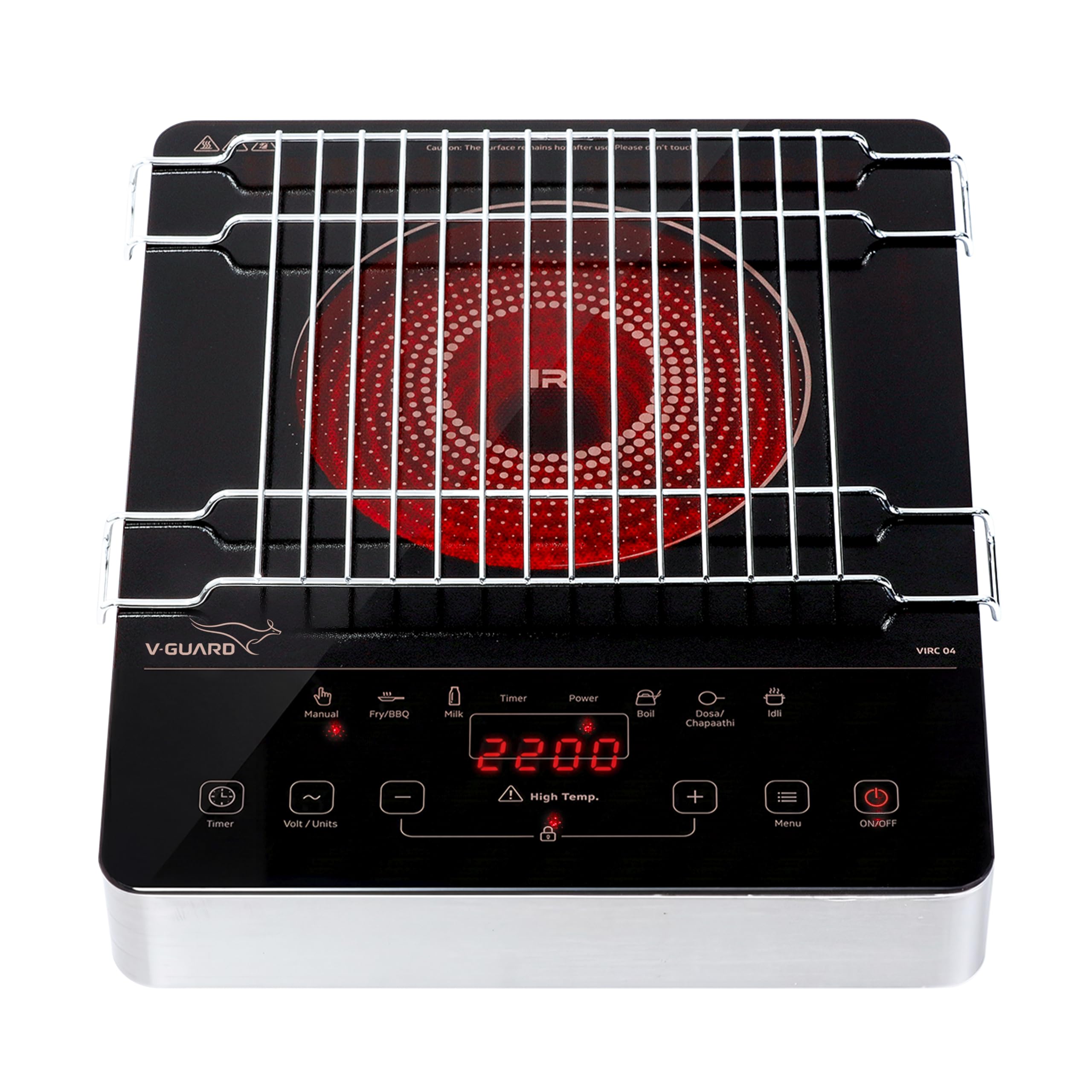 V-Guard VIRC 04 2200 W Infrared Induction Cooktop | Compatible with All Utensils | Up to 4 kV Surge Protection | BBQ Grill | Touch Panel Control | Stainless Steel Body | 1 Year Warranty by V-Guard