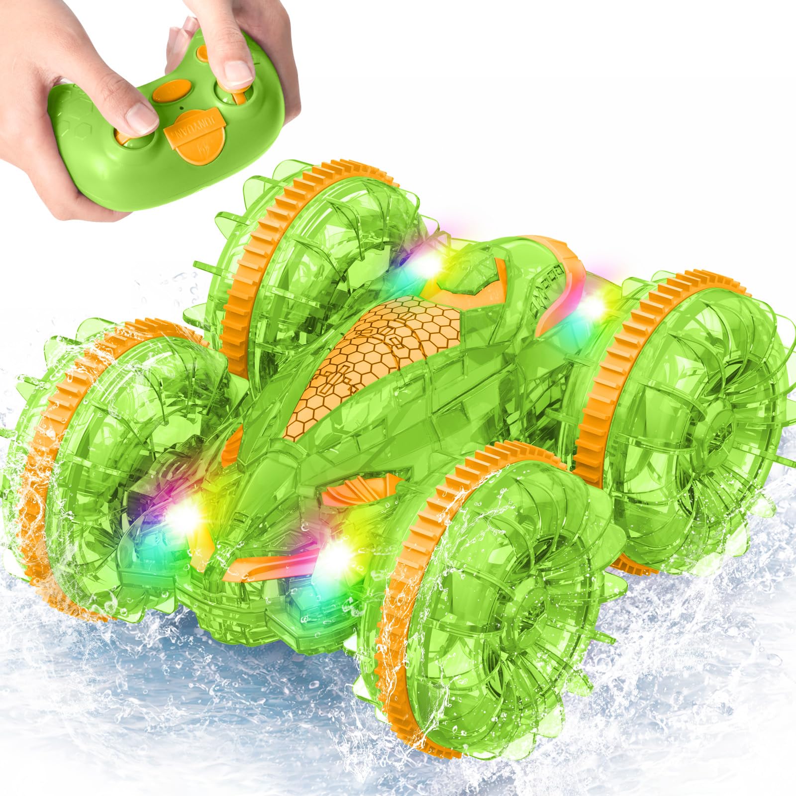 MidiVix Macchina anfibia telecomandata, 90 minuti di gioco, 2,4 GHz, double-face, con luce LED, rotazione a 360°, piscina e attività all'aperto, regalo per bambini da 6 a 12 anni, verde e arancione