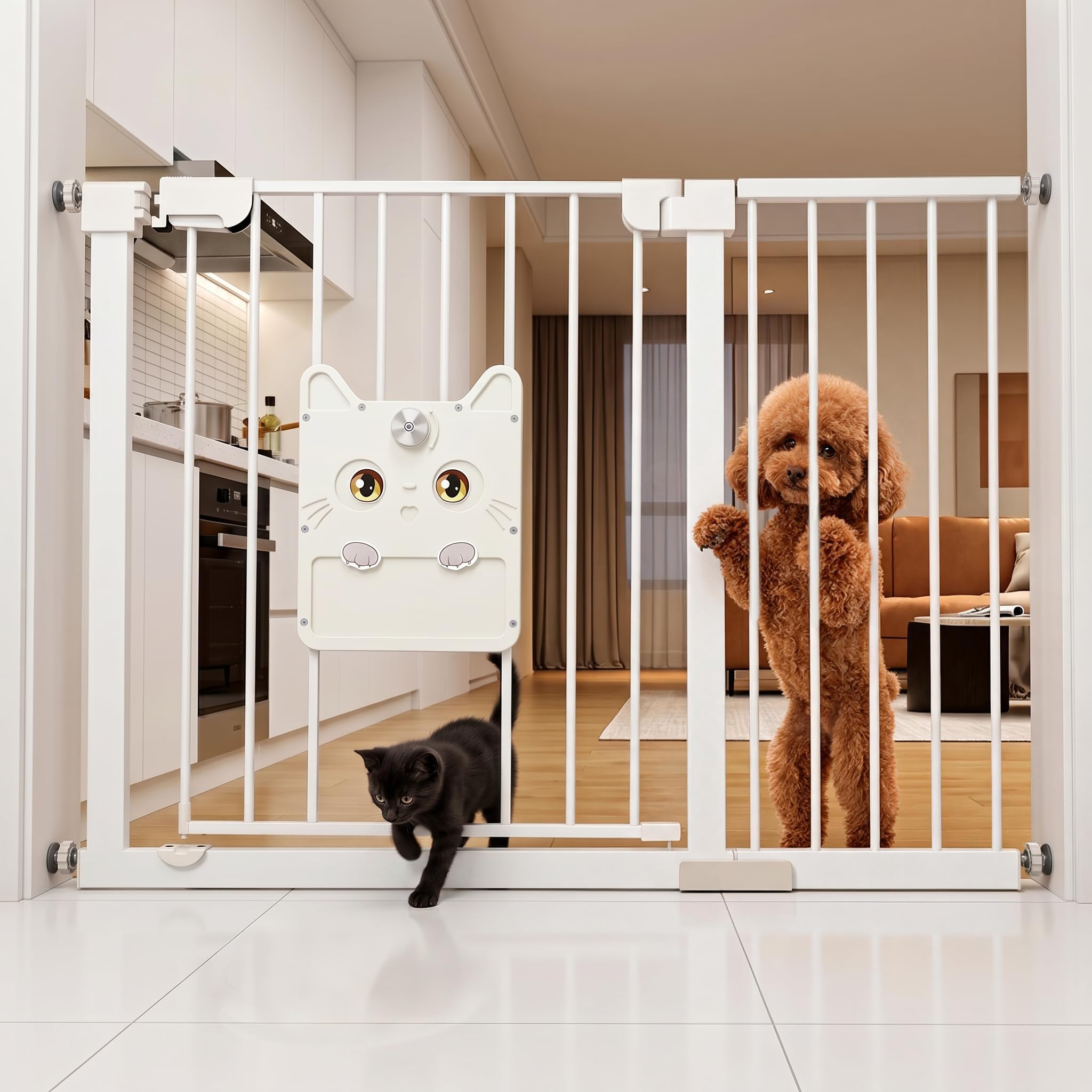 UISEBRT Türschutzgitter Treppengitter ohne Bohren mit großer Katzenklappe für Breiten 105-115 cm,180° beidseitig öffnen Autoclose Doppelschloss Metall Absperrgitter für Baby Hund Katze,Weiß