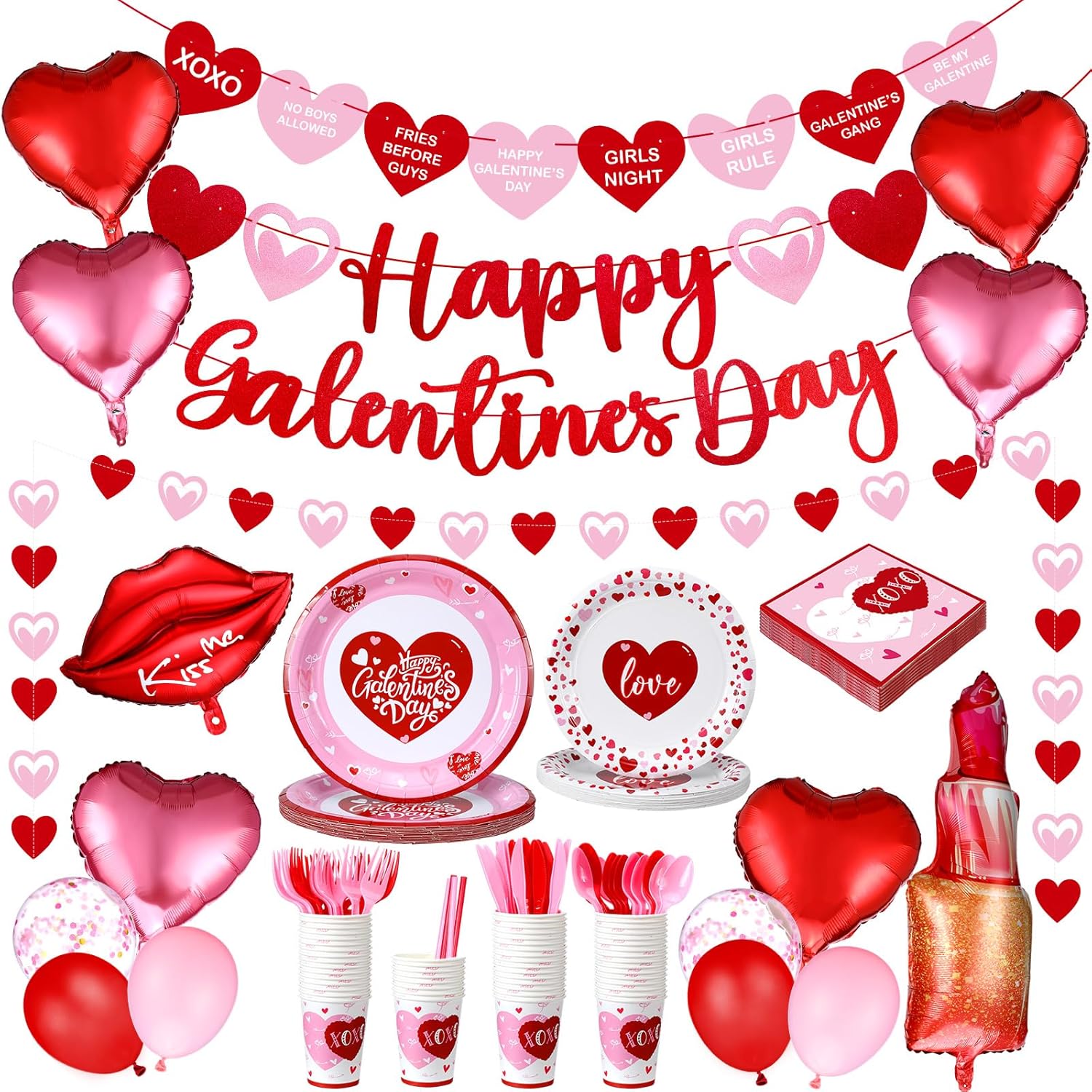 133 Pcs Happy Galentine's Day Decorations Tableware with Heart Banner Heart Lip Lipstick Foil Latex Balloons and Plates, Napkins, and Cups Dinnerware Sets for Galentine's Day Party Supplies