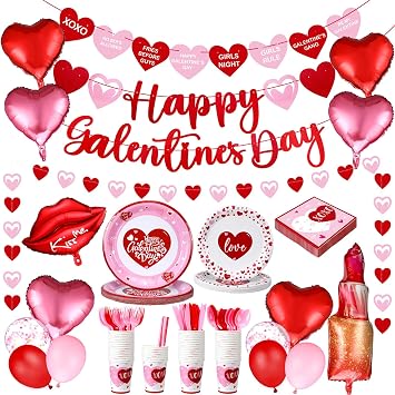 Funnymoom 133 Pcs Happy Galentines Day Decorations Tableware with Heart Banner Heart Lip Lipstick Foil Latex Balloons and Plates, Napkins, and Cups Dinnerware Sets for Galentines Day Party Supplies