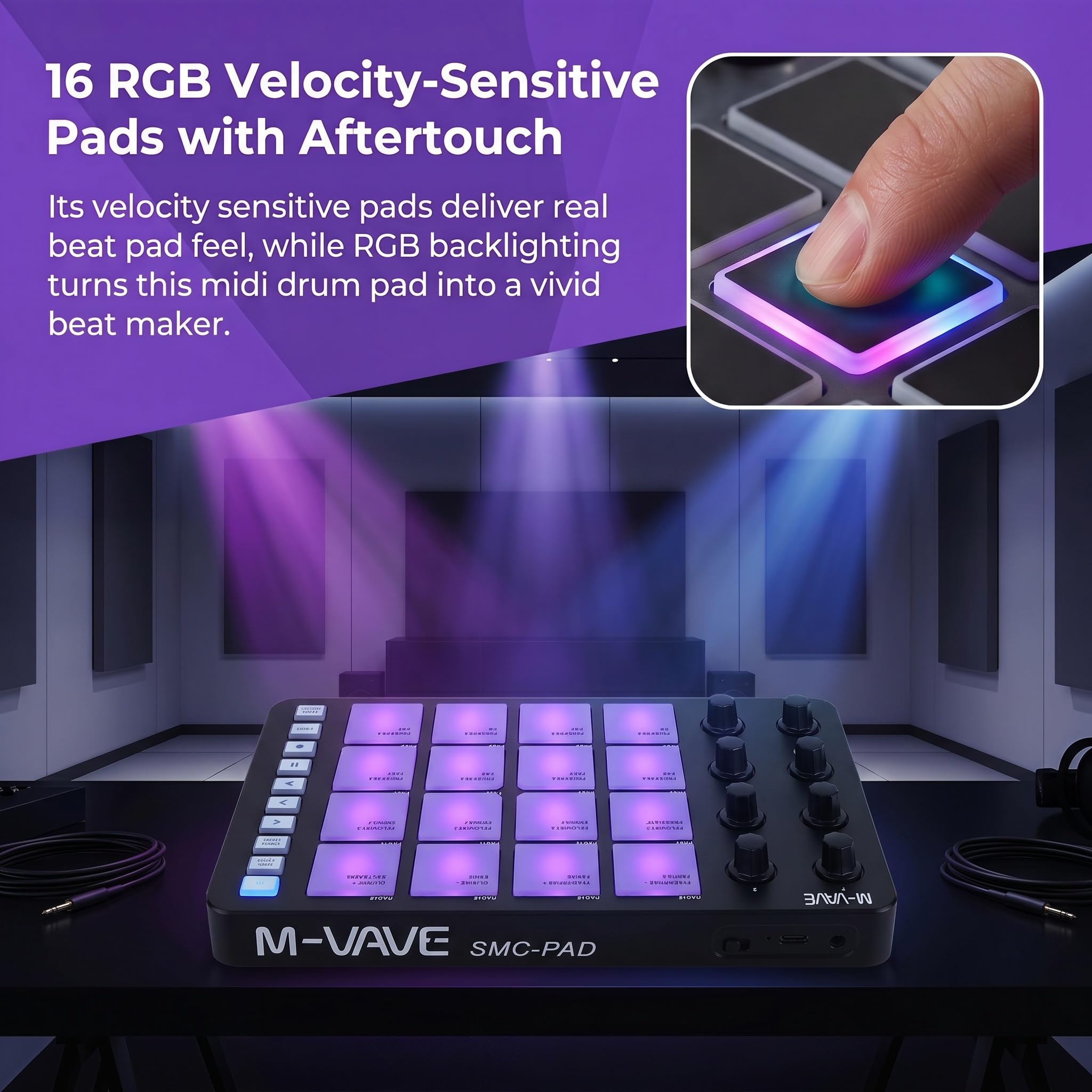 M-VAVE SMC-PAD Contrôleur MIDI portable sans fil Bluetooth avec coussinets sensibles à la vitesse, Beat Maker, câble audio blanc de 6,35 mm (noir)