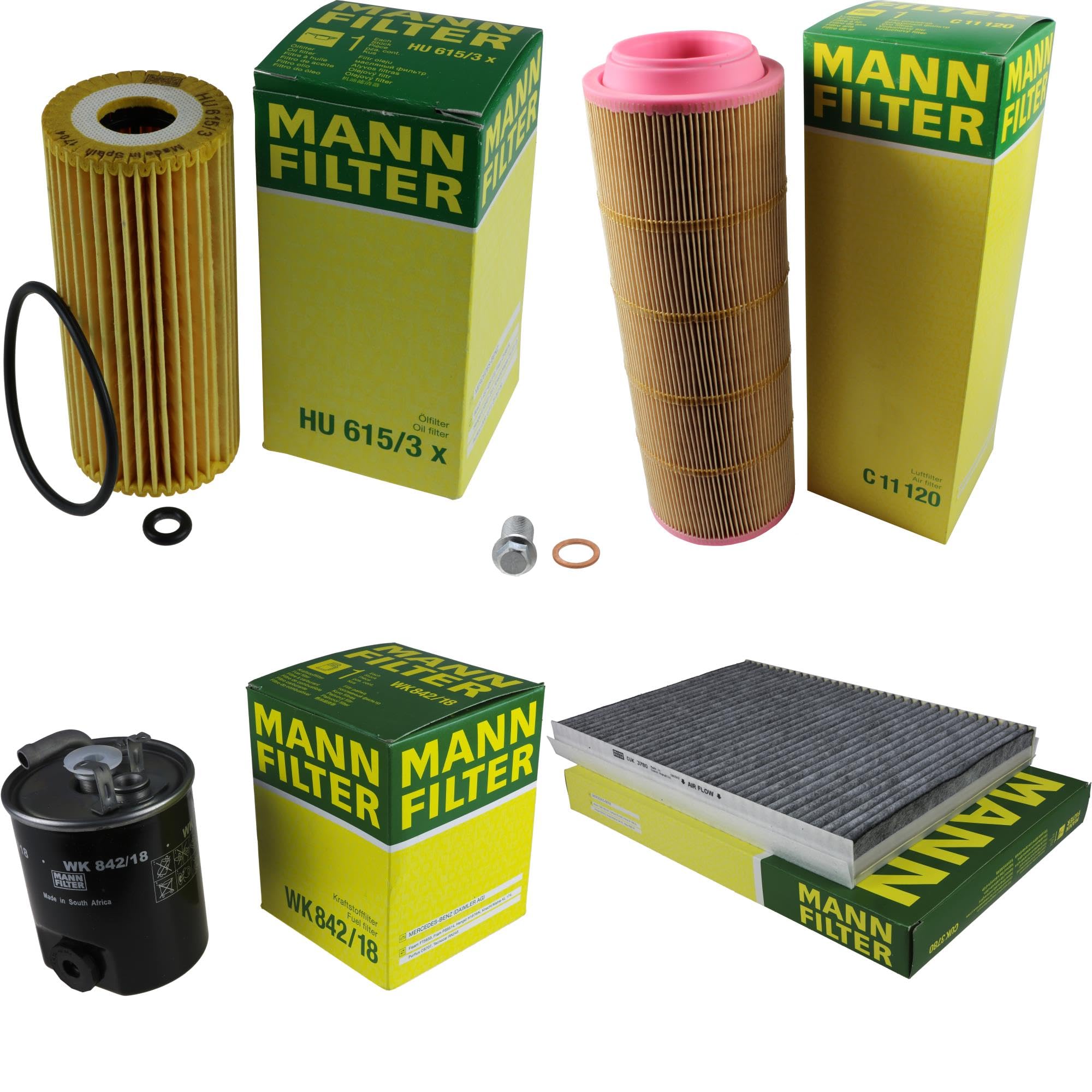 Paquete de inspección Kit de mantenimiento de filtros con filtro de aceite HU 615/3 x, filtro de aire C 11 120, filtro de combustible WK 842/18, filtro de habitáculo CUK 3780, tornillo de