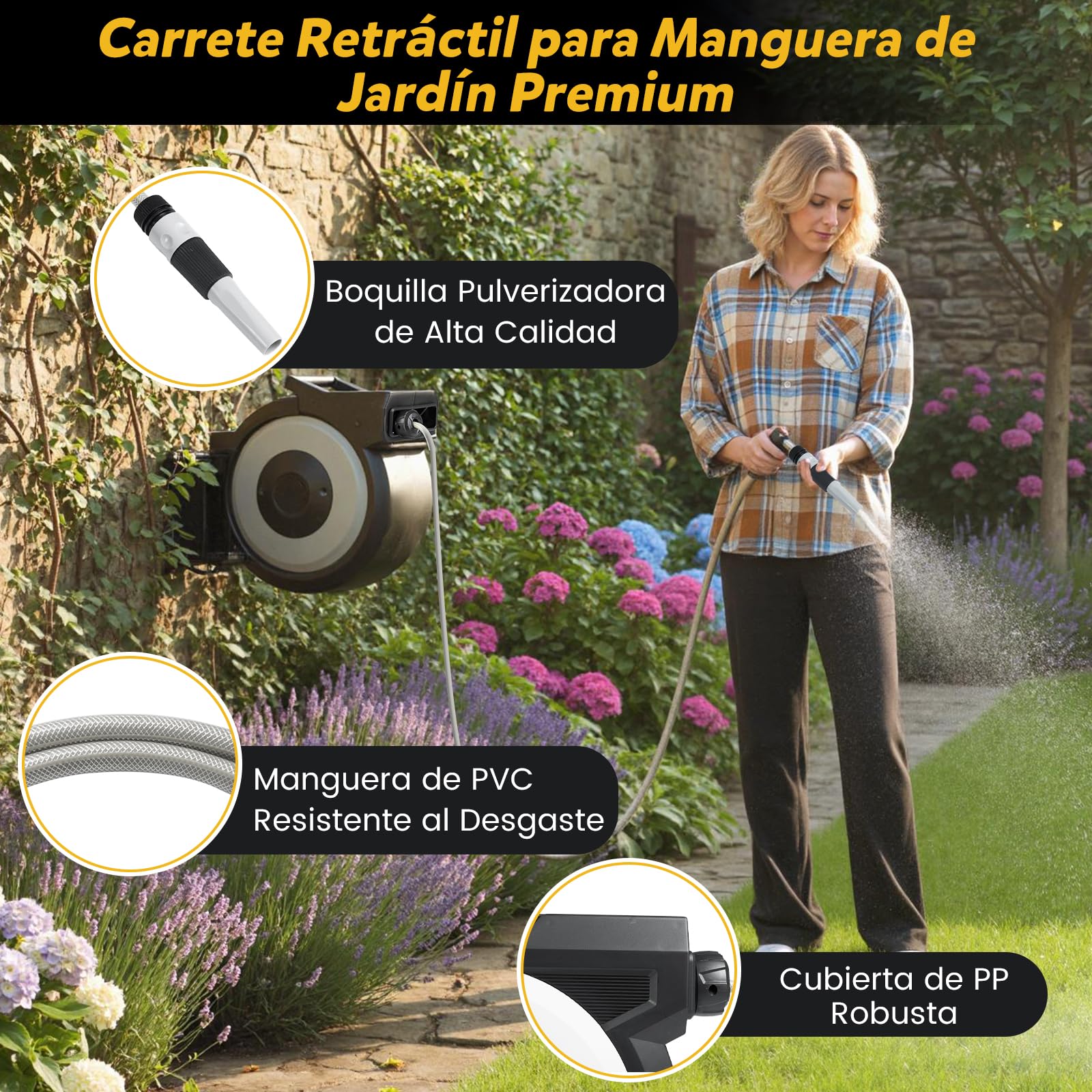 GOPLUS Enrollador de Manguera de Riego de Pared 15+1,5 M/20+2 M/30 M, Carrete Giratorio 180° con Soporte de Pared, Enrollado Automático, Kit Completo Retráctil para Césped, Jardín, Coche