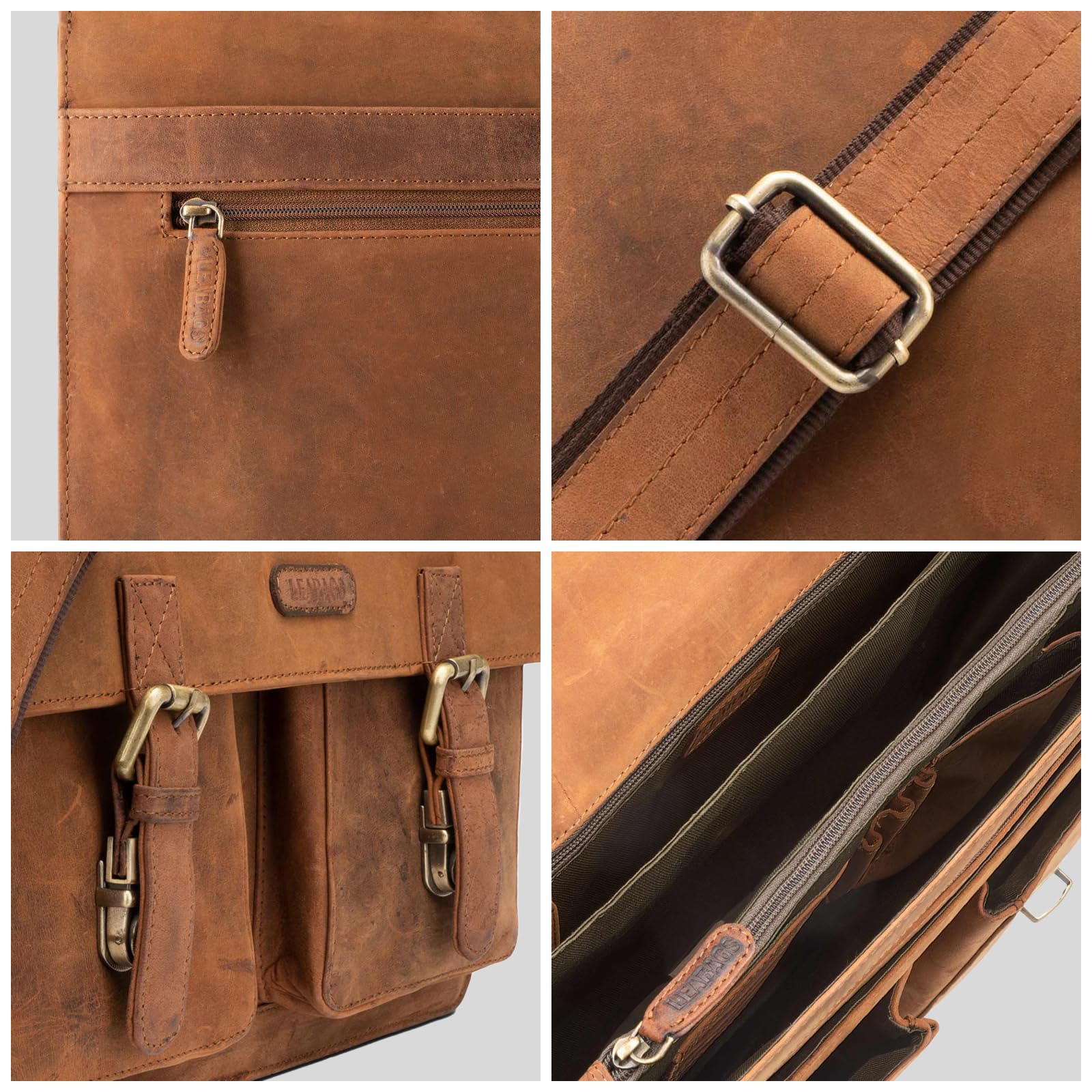 LEABAGS Leder Aktentasche Herren & Damen I Echtleder Laptoptasche bis 15 Zoll I Umhängetasche mit Schultergurt I Schultertasche I Messenger Bag I Arbeitstasche I Lehrertasche