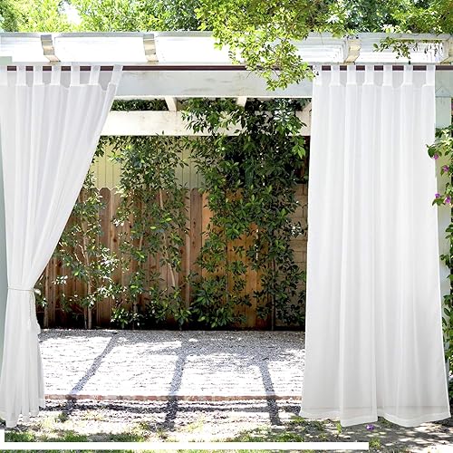 PRAVIVE Outdoor Sheer Curtains 84 - Set of 2 Waterproof Indoor Outdoor Curtains for Patio Tab Top Sheer Drapes Porch/Deck/Pergola Curtains with 2 Tiebacks, Off White, W54 x L84 Inches
