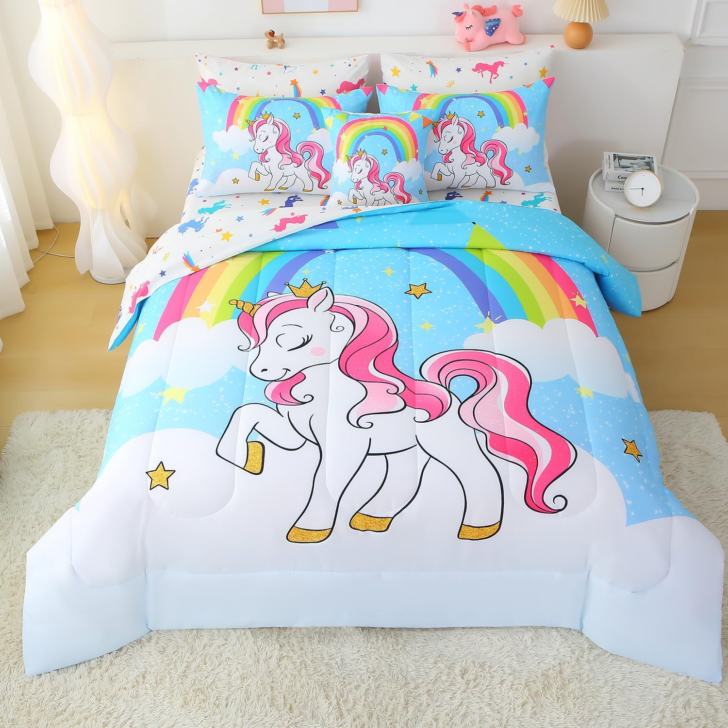 JQinHome Unicorn Twin Bedding Sets for Girls Kids,6 Piece Bed in A Bag 3D Blue Sky Rainbow Clouds Theme Unicorn Comforter Set with Sheet Set(Blue)