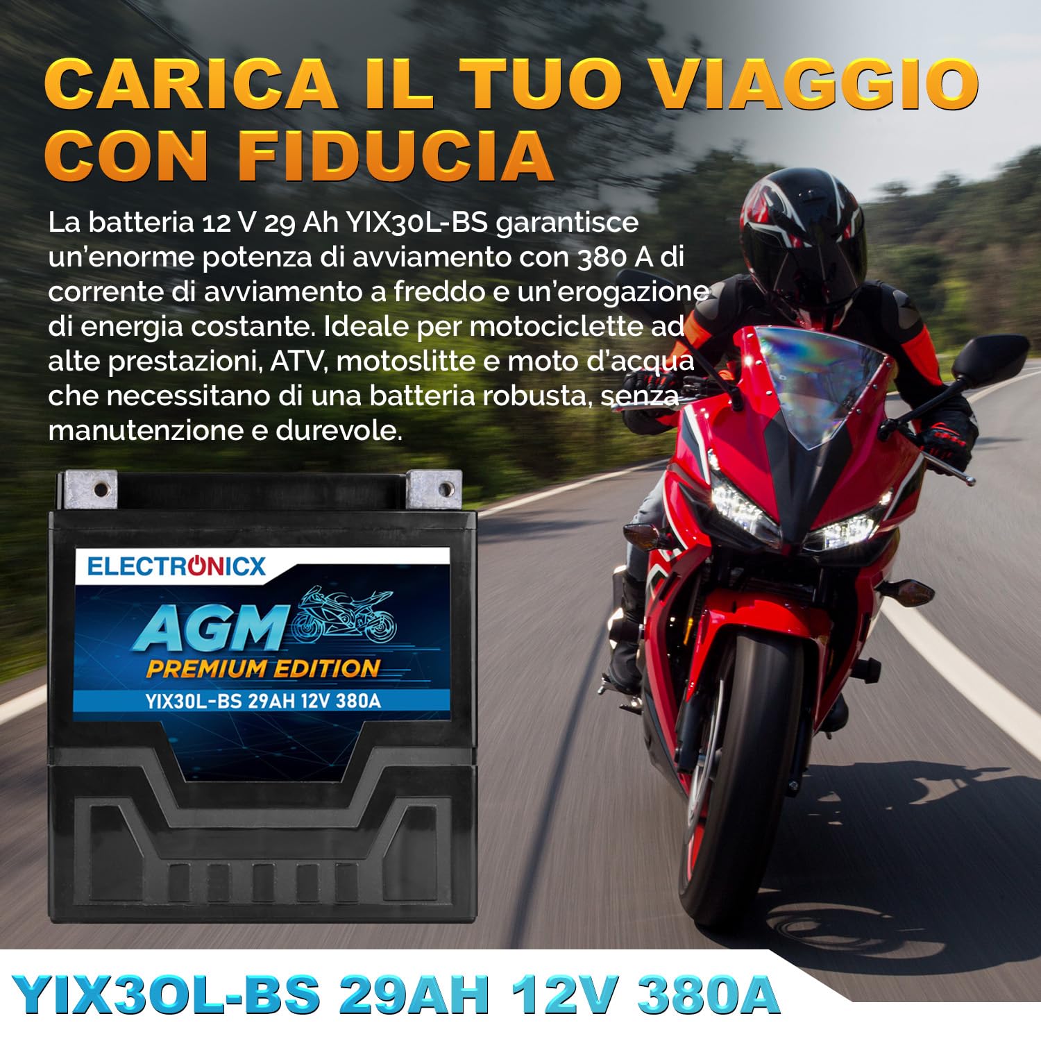 Electronicx YIX30L-BS AGM Batteria Moto 12V 30Ah – Avviamento 380A CCA, sigillata, senza manutenzione, compatta, resistente alle vibrazioni – per moto, quad, ATV, trattorini, motoslitte e touring