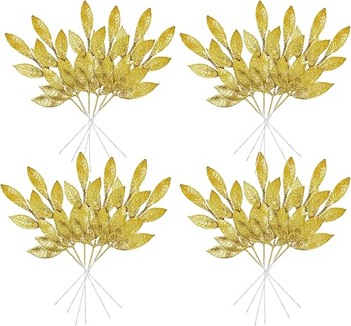 Púas y aerosoles de Navidad, 24 piezas, decoración de Navidad dorada, adornos florales, arreglos de púas florales, hojas de oro falsas, hojas de