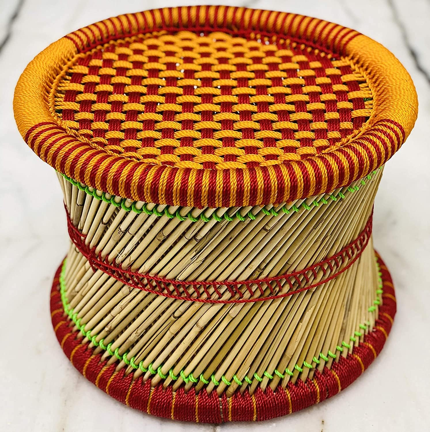 BAMBOO SAGA || Small Rajasthani Handmade Cane Wood Bamboo Mudda for Living Room, Balcony Sitting Stool/Chair for Outdoor/Indoor Furnishing || (Orange, Set of 1) 1