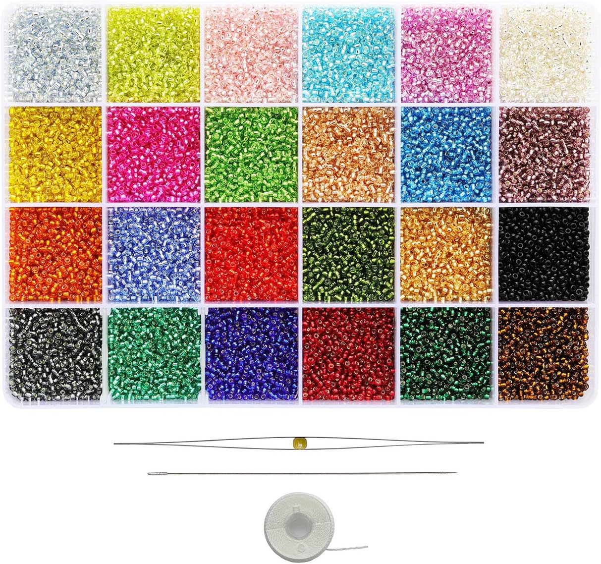 Size 2mm 12/0 Seed Beads About 24000pcs in Box 24 Multicolor Assortment Transparent Silver Lined Small Glass Seed Beads for Making Jewelry Necklace Bracelets Earrings Rings