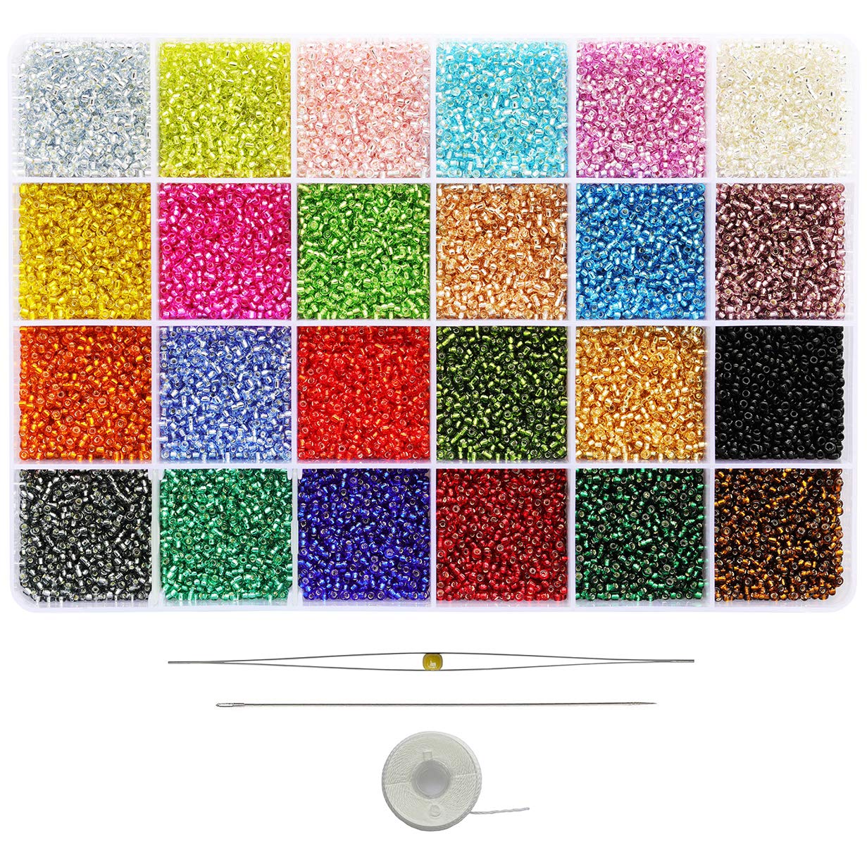 24000pcs in Box 24 Multicolor 12/0 Glass Seed Beads Transparent Silver Lined Seed Beads Size 2mm Round, Hole 0.8mm (1000pcs/Color, 24 Colors)