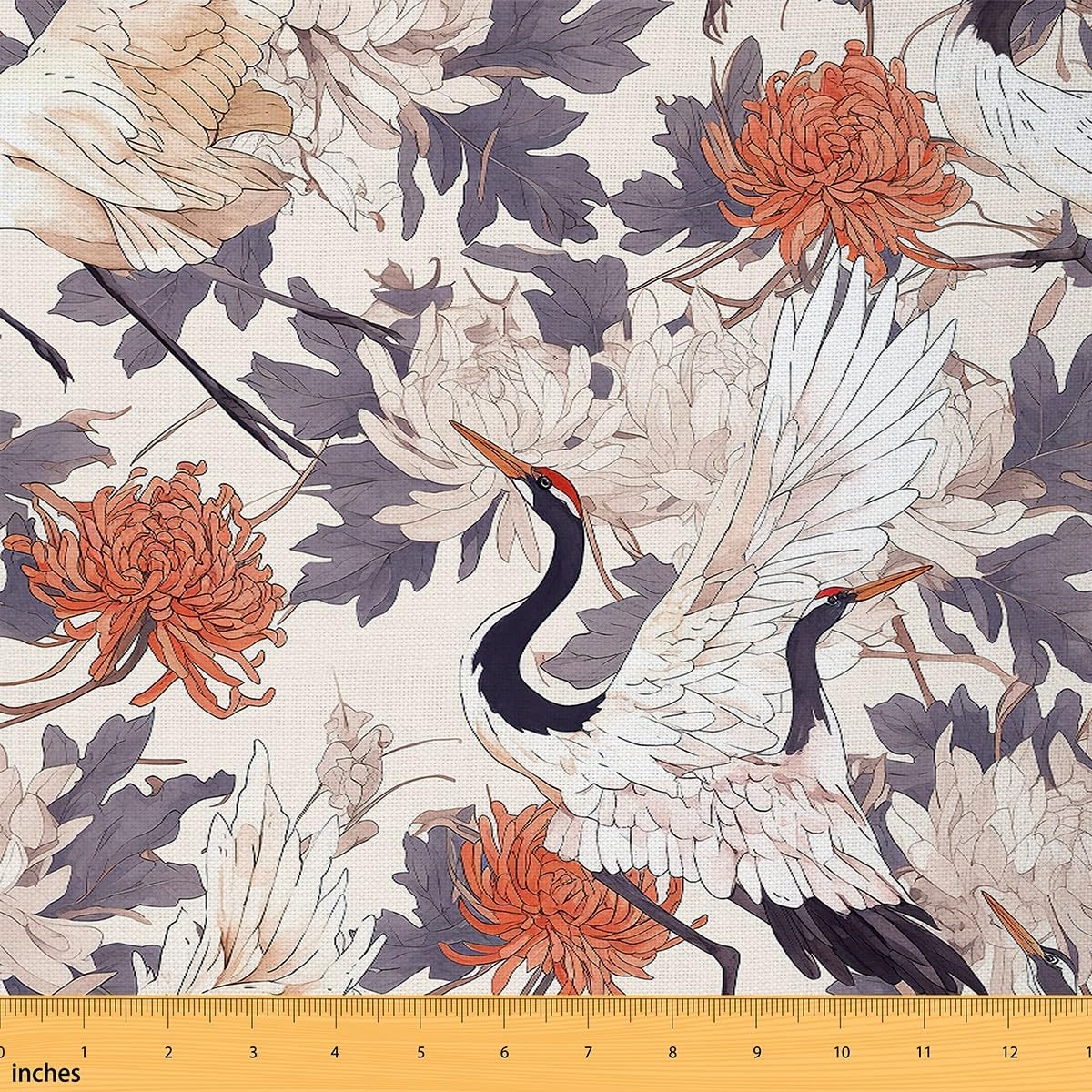 Feelyou Japanese-Style Fabric by The Yard 5 Yards Botanical Flowers Print Decorative Waterproof Outdoor Fabric Chrysanthemum Upholstery Fabric for Chairs Crane Print DIY Reupholstery Fabric