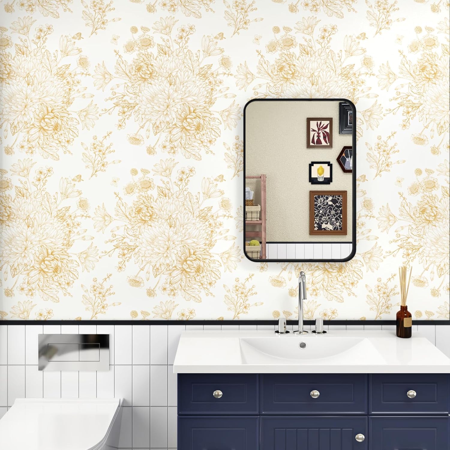 Chrysanthemum Gold Floral Peel and Stick Wallpaper Boho Beige Wall Paper Vintage Gold Floral Bouquet Wallpaper for Living Room Bedroom Textured Contact Paper for Cabinets Vinyl 17.5"x102"