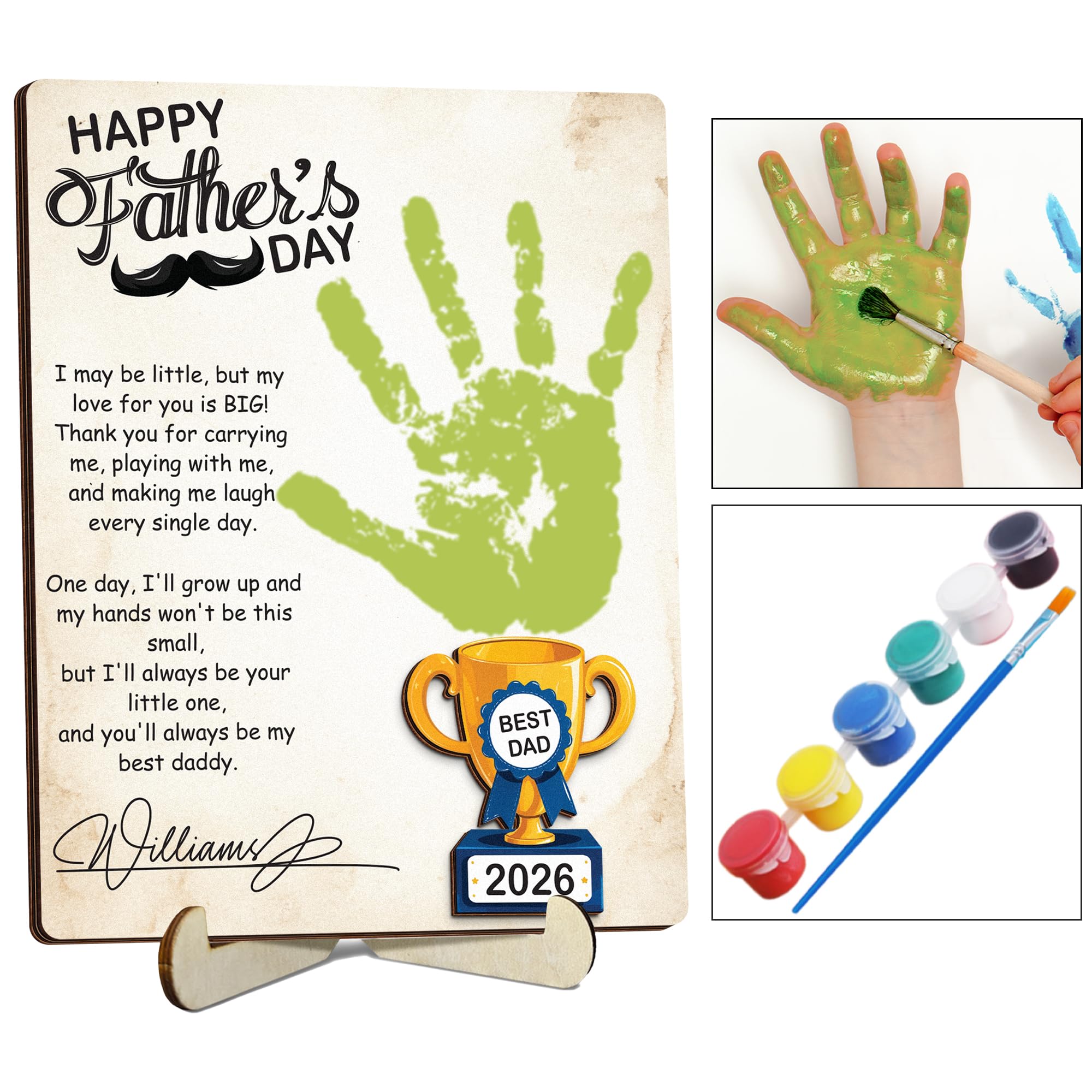Personalized Fathers Day Handprint Gift, World's Best Dad Trophy Sign with Paints, Kid Handprint Art Crafts Plaque, Birthday Best Dad Ever Gifts for Daddy, Papa, Family Keepsake Shelf Desk Home Decor