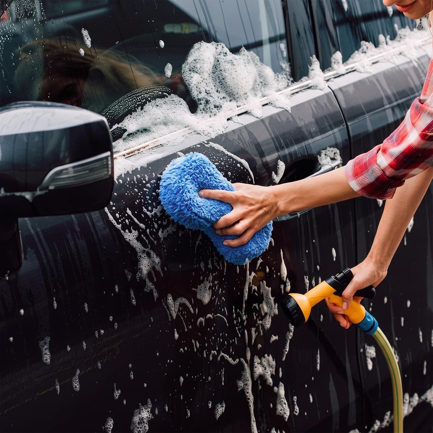 4 Pcs Large Microfiber Car Wash Sponges, 8.9 x 4.7 Inch, Blue image 5