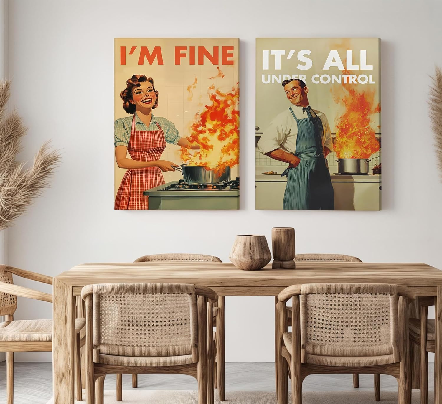Funny Vintage Kitchen Canvas Wall Art Humorous 50s Cooking Pictures Wall Decor I'm Fine Housewife Posters Chef Baking Painting Print Artwork for Dining Room Restaurant Cafe Bakery Decor, Framed