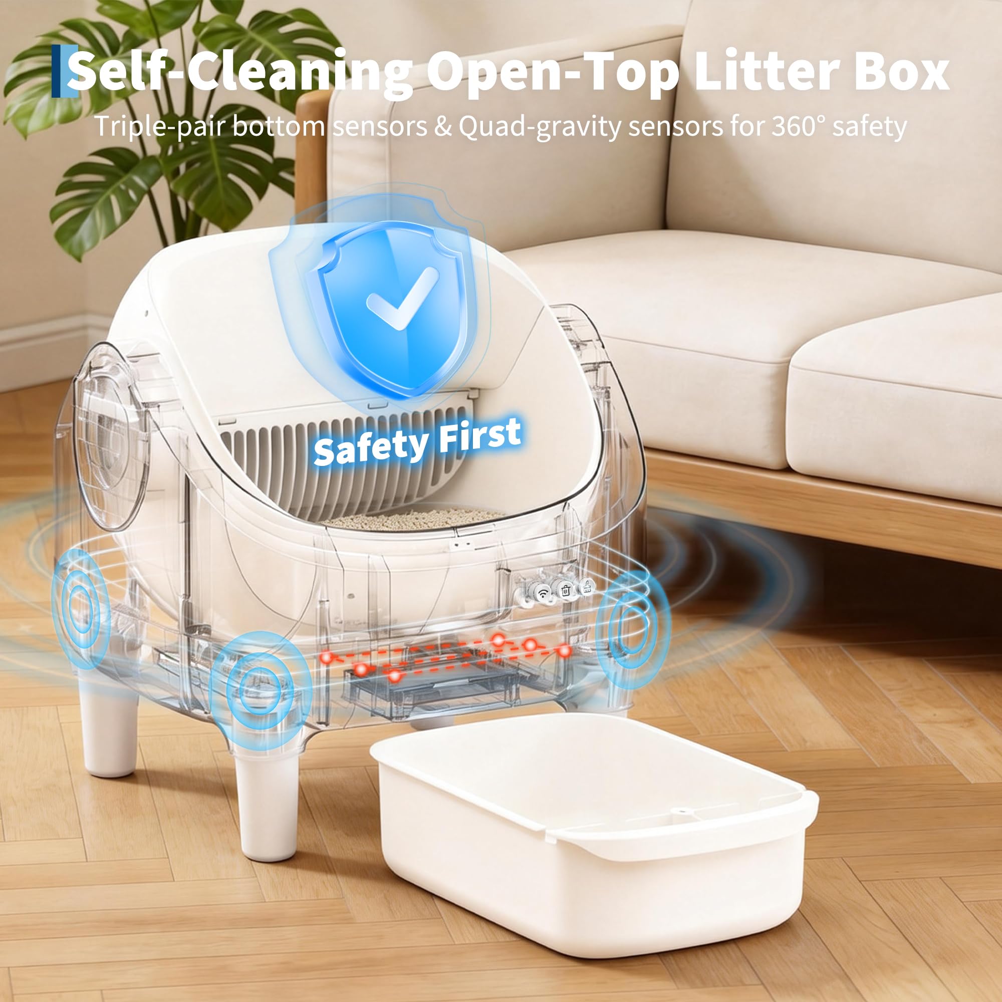 Self Cleaning Litter Box, Automatic Cat Litter Box with APP Control, Odor-Free Waste Disposal Includes Trash Bags, Large Waste Bin, Open-Top, for Multiple Cats, White - image 3