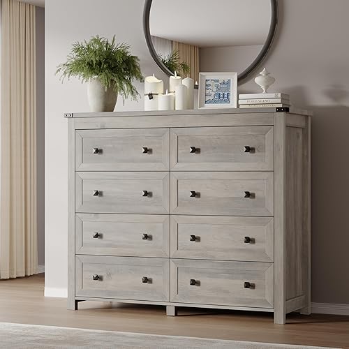 Miniatura 15 de Cómoda de 6 cajones, cofre de almacenamiento de madera moderno con cajones, soporte de TV para cómoda, organizador de cajones de madera con manijas