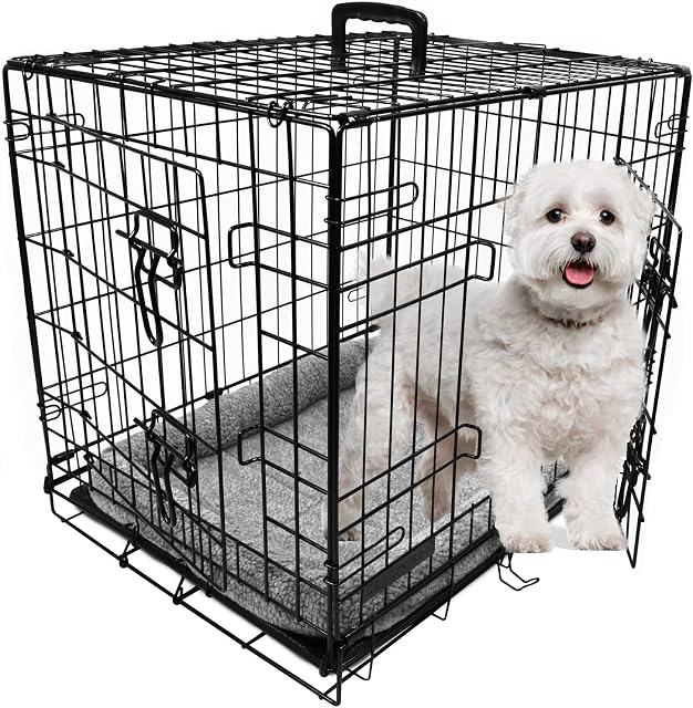 Dog Crate, Dog Cage, Foldable Puppy Crates with Bed, Non-Chew Plastic Removable Tray, Folding 2 Door Crate, Small Size 24-inch (61cm) Black