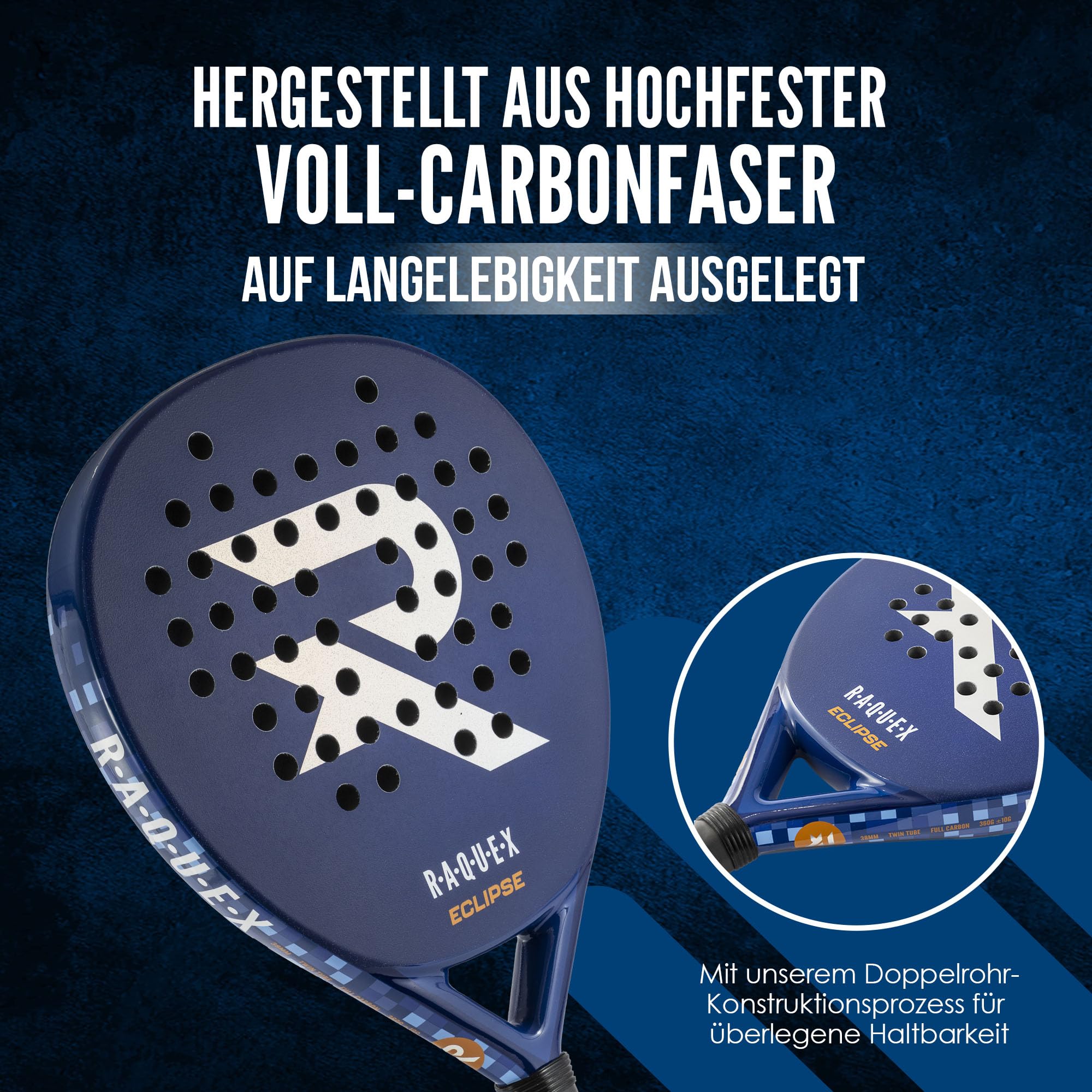 Raquex Eclipse Padelschläger – Vollcarbon, Padelschläger für Anfänger und Fortgeschrittene, für Damen und Herren, 360g – Reaktiver ImpactCore Eva 15 Schaumstoff, Doppelrohrsystem für Langlebigkeit