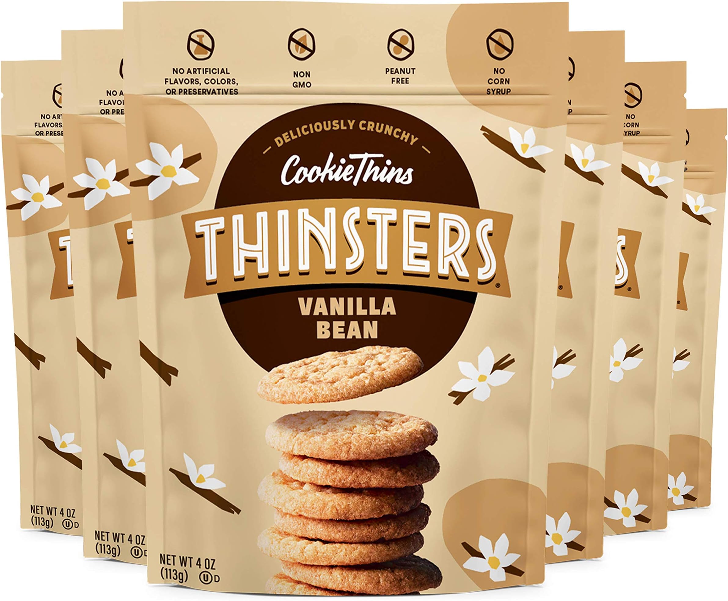 ThinstersCookie Thins Cookies, Vanilla Bean, 4oz (Pack Of 6), Non-GMO, Peanut Free, No Corn Syrup, Crunchy Cookies, No Artificial Flavors, Colors, or Preservatives