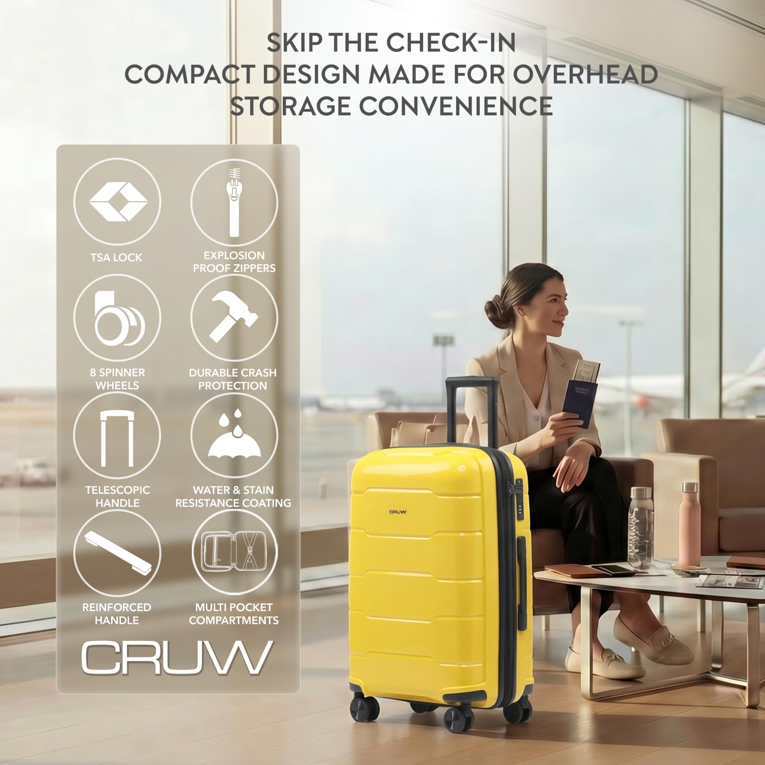 CRUW Hand Luggage 22" Expandable Lightweight Cabin Bag TSA Approved Lock Silent Wheels with Vanity Case Durable Polypropylene Luggage Suitcase Fits 56x45x25cm Overhead Carry On for easyJet.