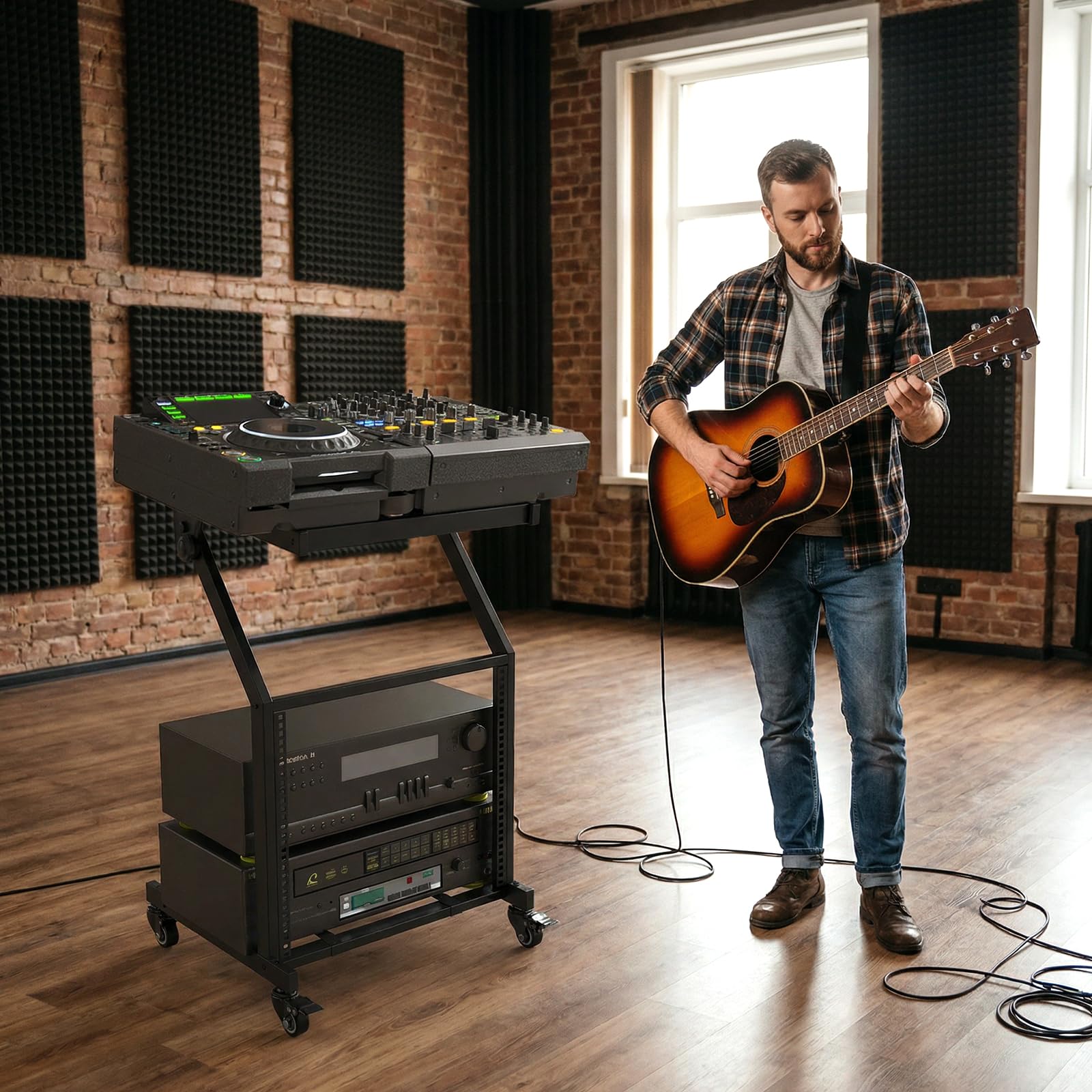 COSTWAY Rack Audio Professionnel à 2 Niveaux, Support pour Table de Mixage DJ 9U avec Barres Transversales Réglables roulettes Verrouillables, Chariot de Scène à roulettes pour Studio Bureau