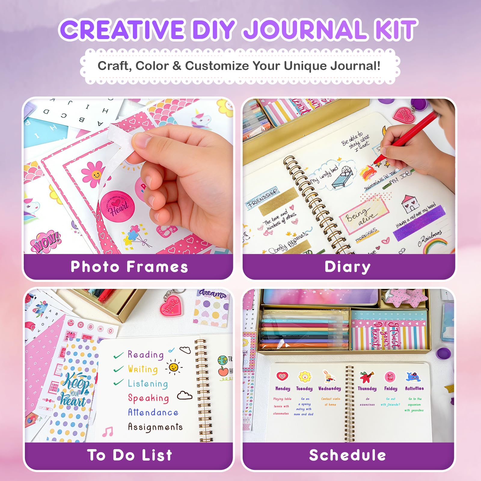 DIY Tagebuch Set für Mädchen ab 8 Jahre, Kinder Tagebuch mit Stiften, Stickern & Accessoires, Scrapbook Set Mädchen, Notizbuch Kinder, Geschenk für Mädchen 8 9 10 11 12 Jahre, Schreibwaren Set