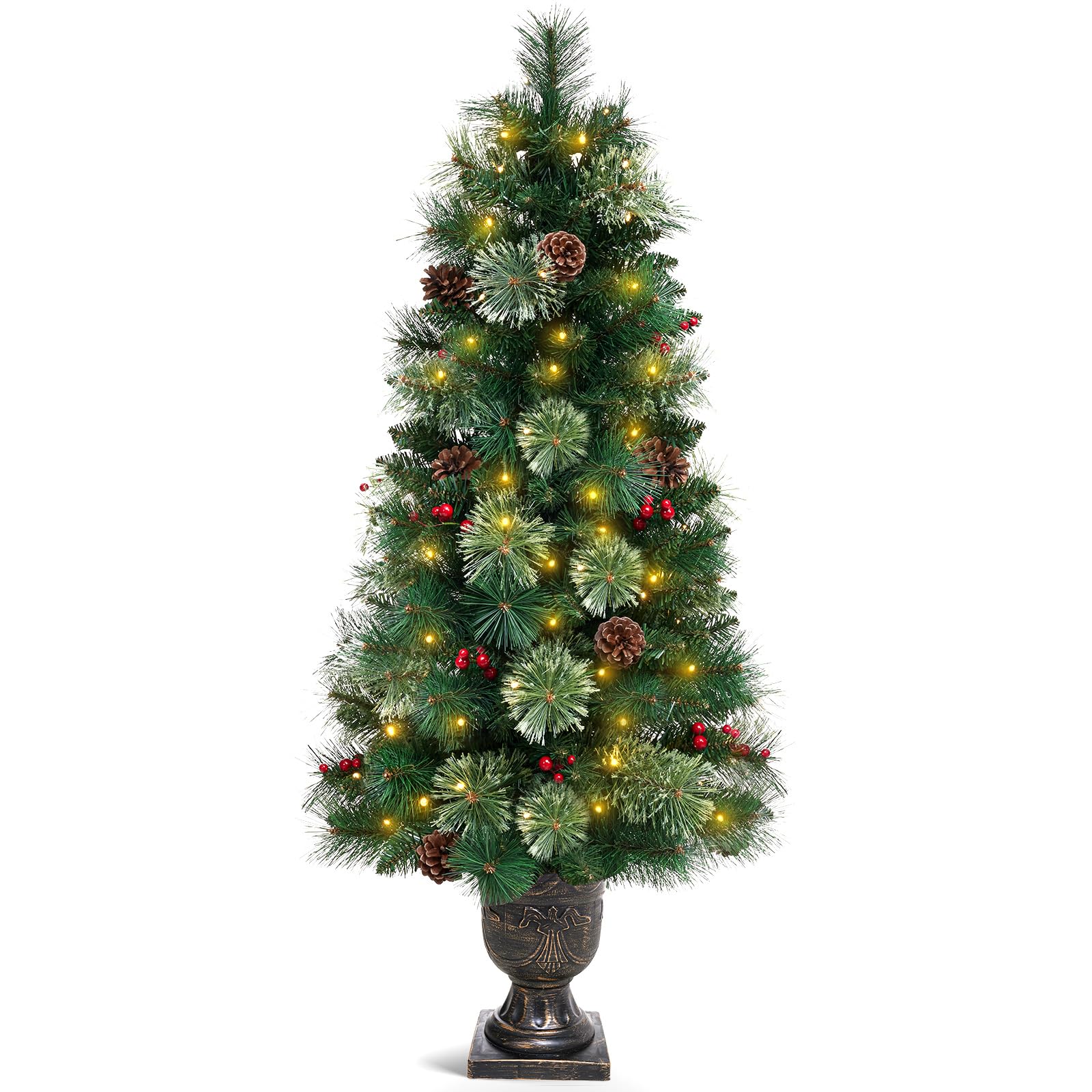 Decoway 4ft Christmas Tree Pre-lit Artificial Tree for Entrances and Christmas with Gold Pot Base, Flocked Snow 70 Warm White Led Lights, for Entrances, Home Decorations Holiday Decor